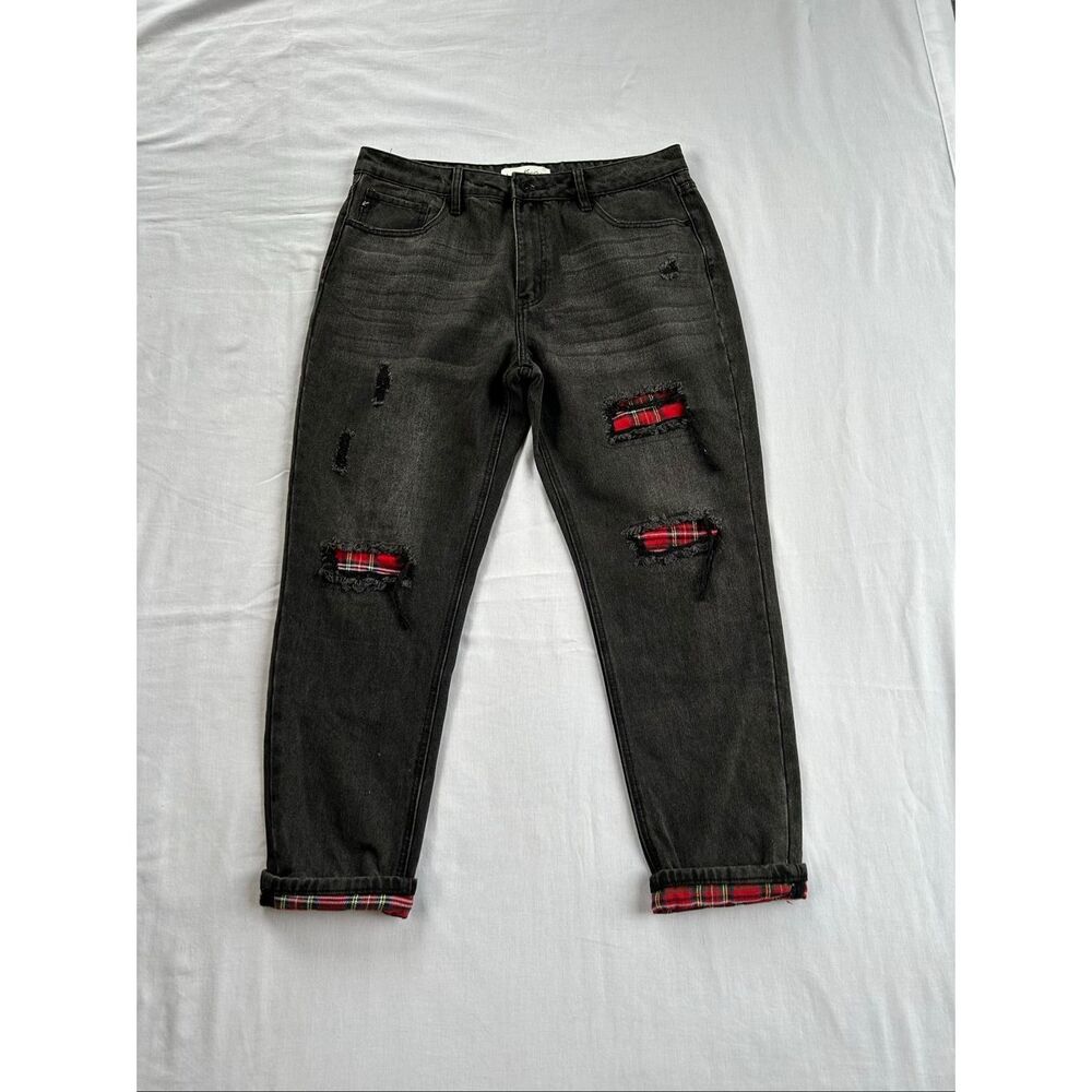 KanCan Black Ripped Patched Red Flannel Jeans Size 15/31 Warm Winter Mid Rise